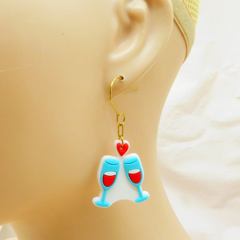 Wholesale Valentine's Day Series PVC Soft Rubber Drop Glass Love Pendant Earrings Cute Cartoon Stainless Steel Earrings